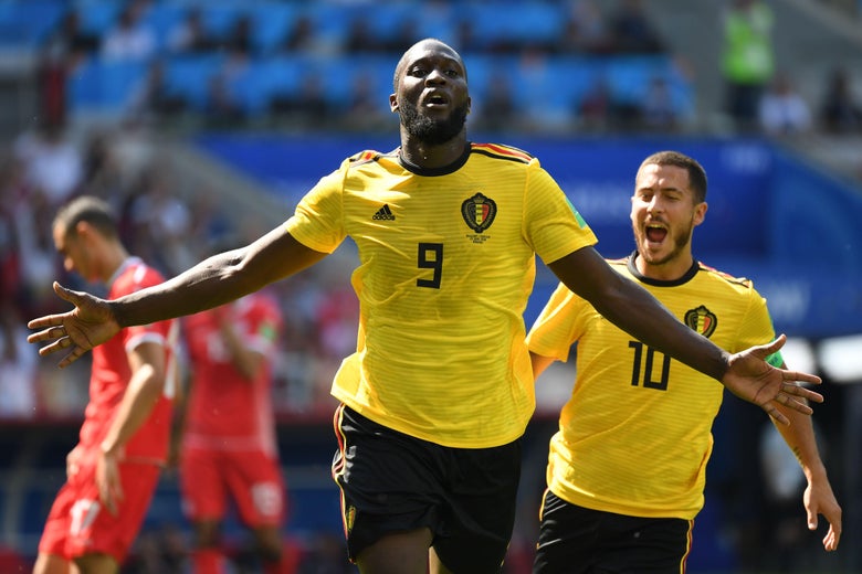 Belgium's forward Romelu Lukaku celebrates after scoring against Tunisia.
